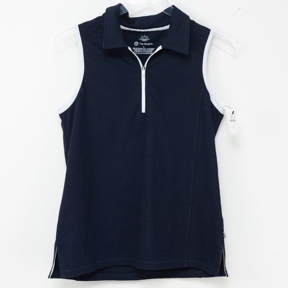 Talbots Sleeveless Pique Polo UPF 50+ Navy Half Zip Blue White Size Small New - Picture 2 of 7